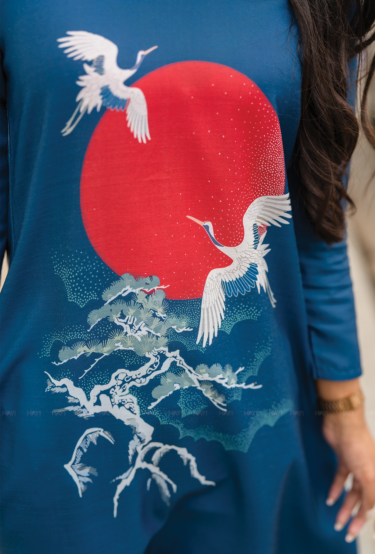 Ascent Blue with Cranes Embrace printed Linen Blend Co-ords