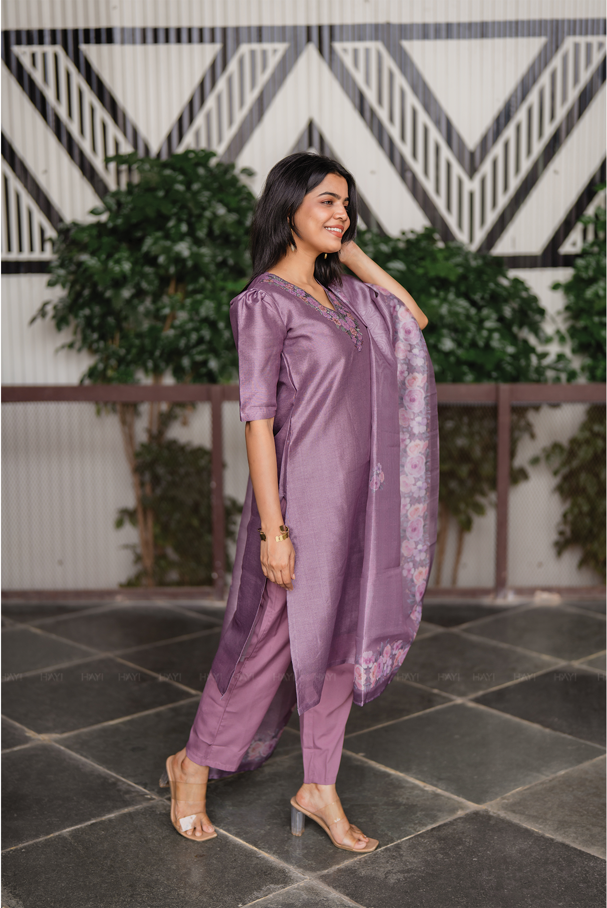 Divine Lilac Lavender Embroidered 3 Piece Organza Silk Blend Kurti Set with Dupatta