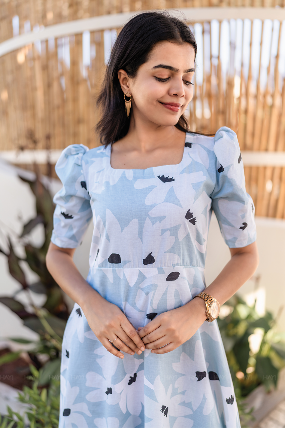 Fleur Blue Cotton Blend Dress with Rounded Square Neck & Leg-O-Mutton Sleeves