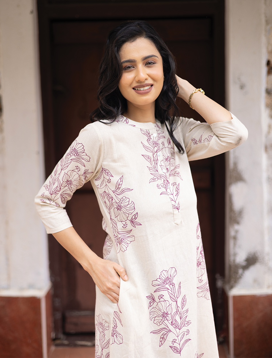 Lineleaf Tales White Cotton Flex A-line Dress with Chinese Collar & 3/4th Sleeves