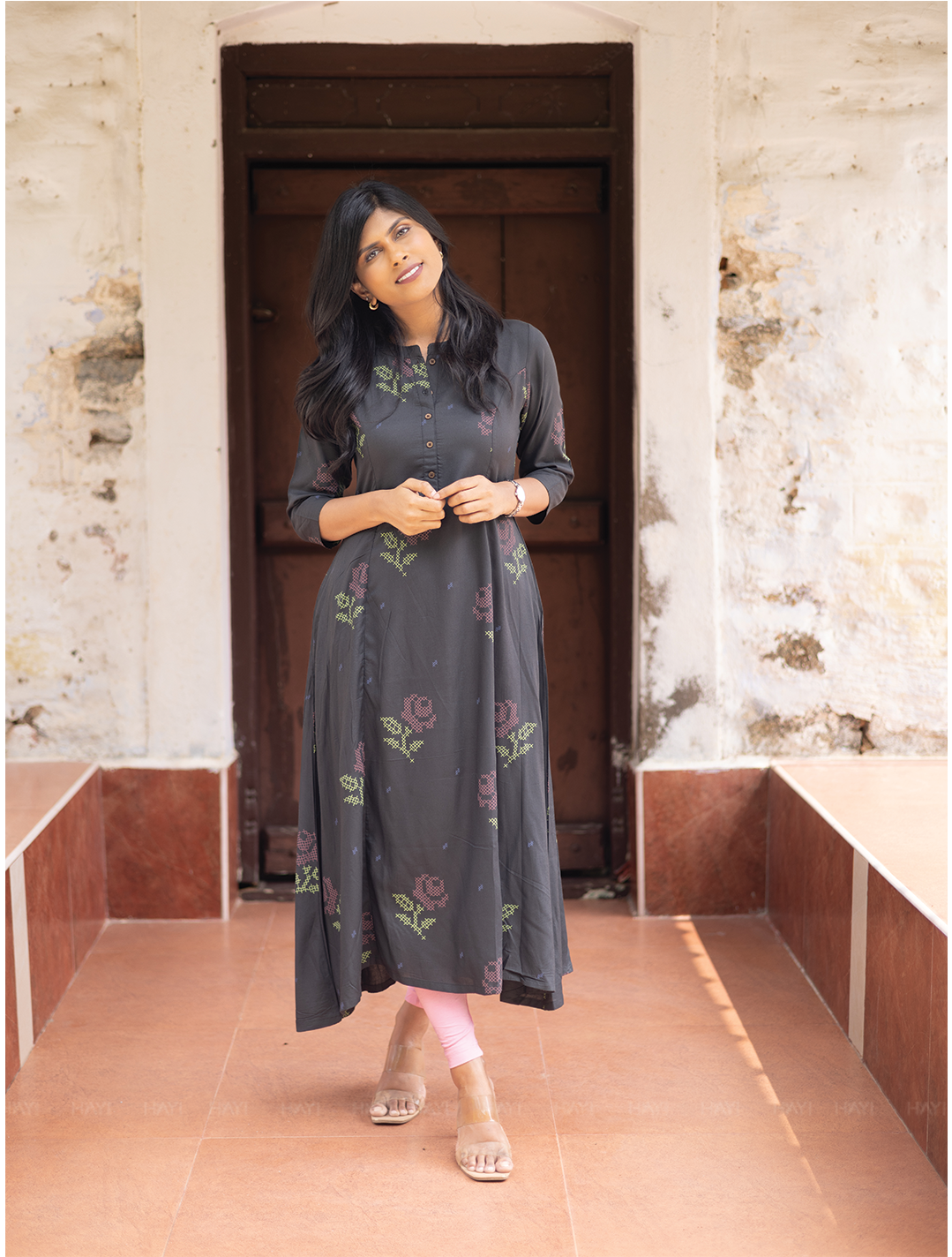 Elarose Dark Gray A-line Viscose Dress with Chinese Collar neck & 3/4th Sleeves