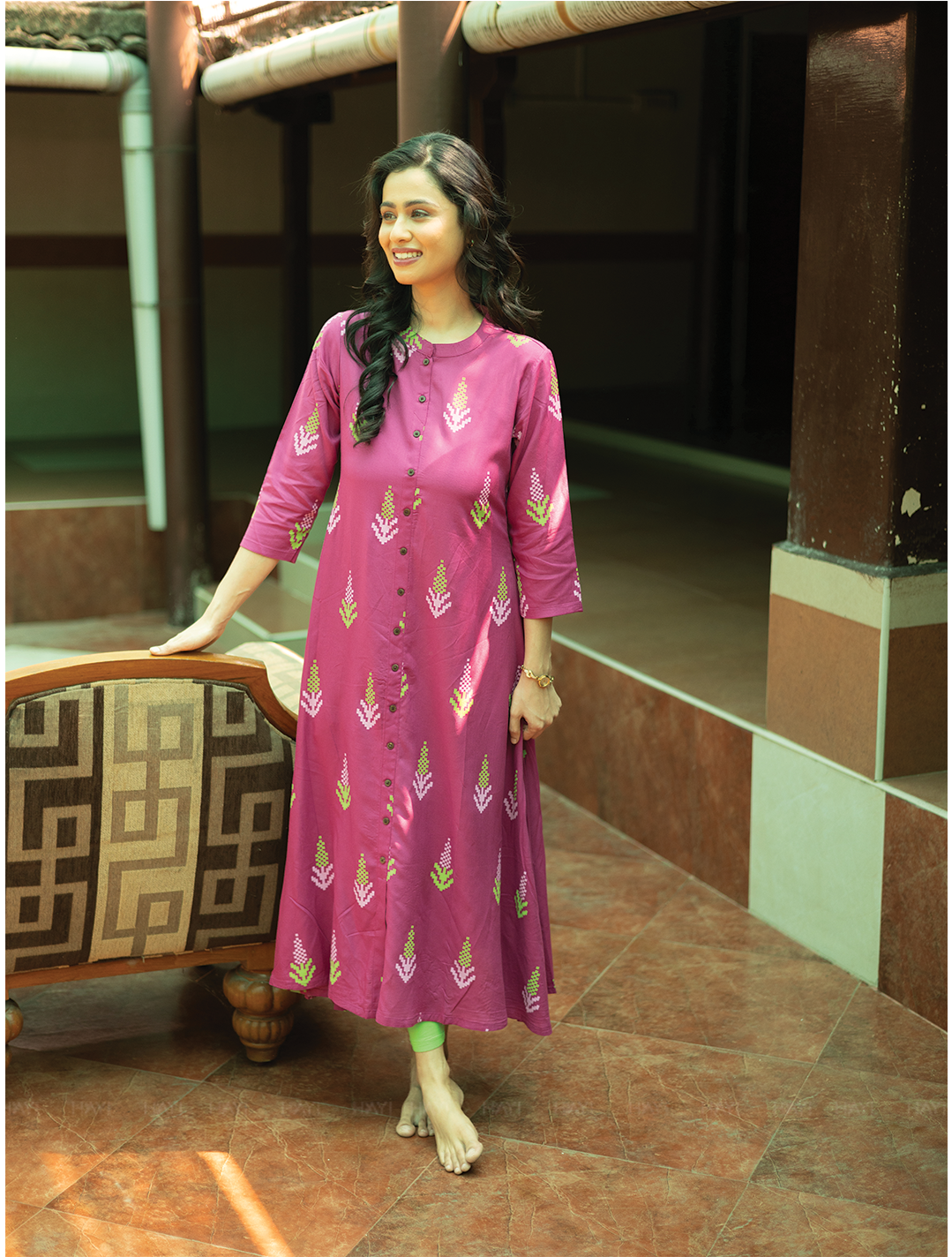 Heritage Glow Violet Viscose A-line Dress with Chinese Collar neck & 3/4th Sleeves