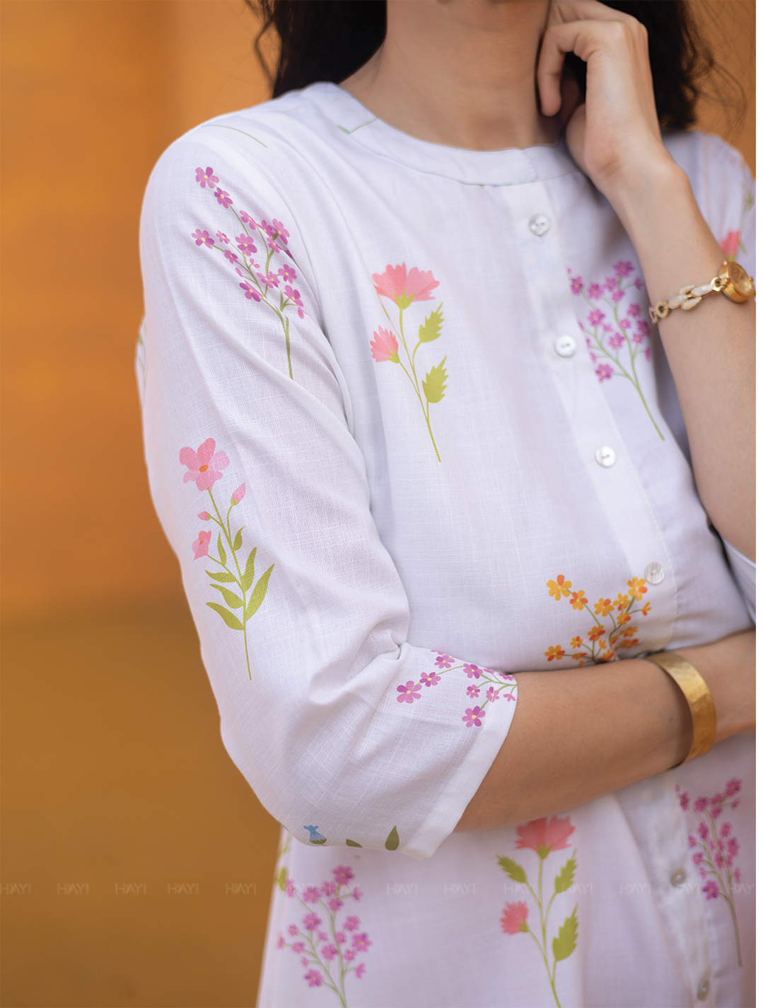 Petal Dreams Off White Linen Blend A-line Dress with Chinese Collar and 3/4th Sleeves