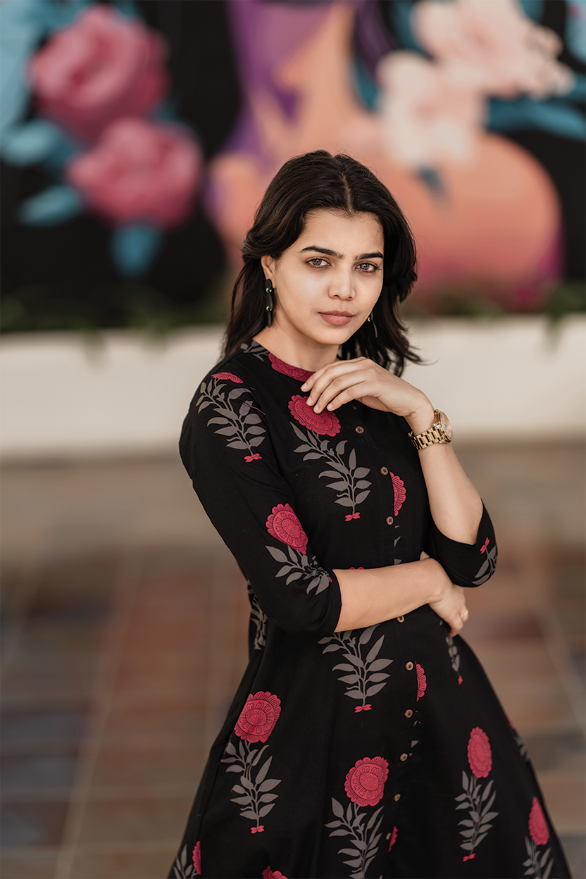 Fuchsia Mist Black Cotton Co-ord with Chinese collar & 3/4th sleeves