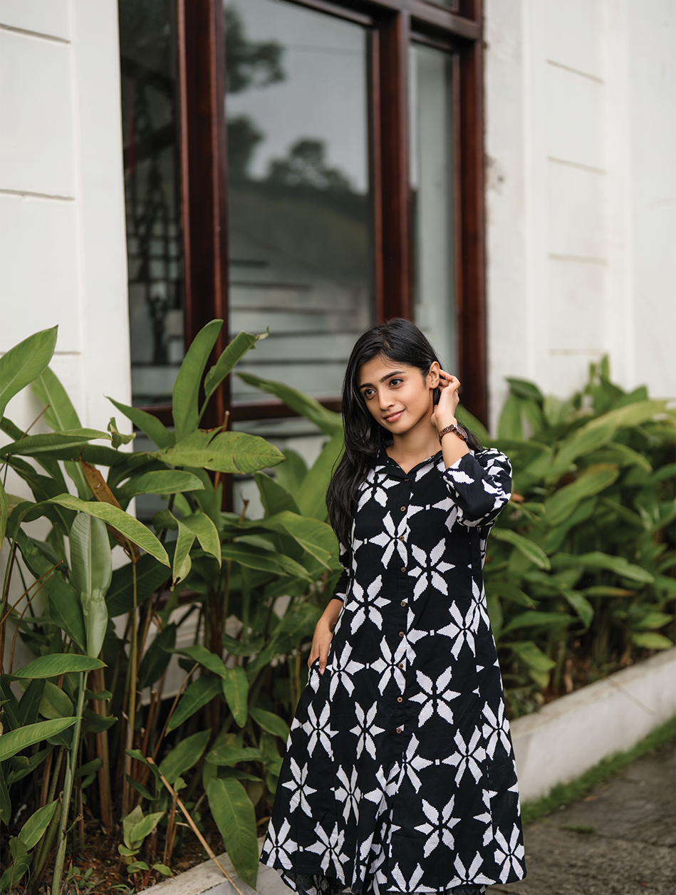 Charcoal Charm Black Cotton Flex Co-ord with Shirt Collar & Elbow sleeves