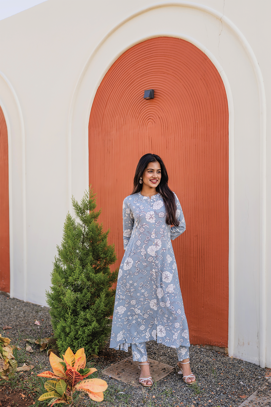 Hazy Petal Blue Viscose Co-ord with Chinese Collar & 3/4th sleeves
