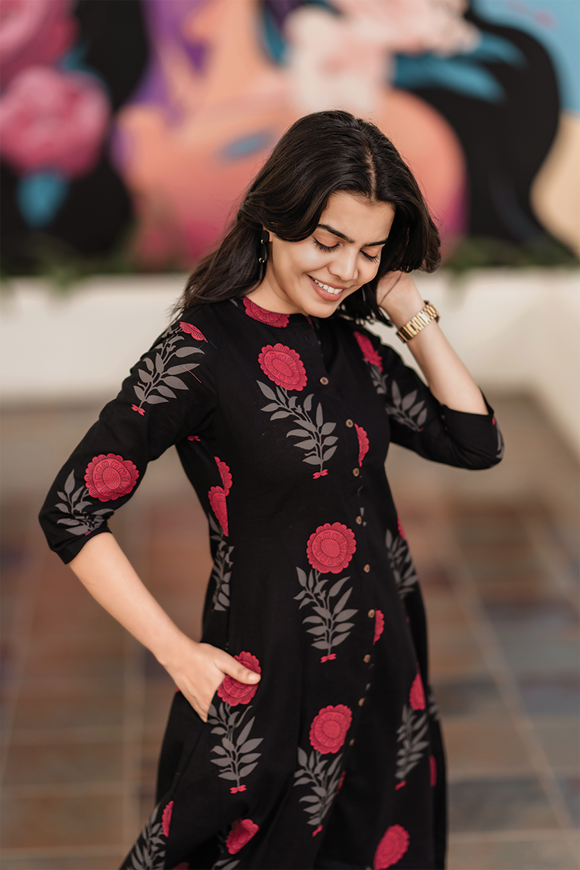 Fuchsia Mist Black Cotton Co-ord with Chinese collar & 3/4th sleeves