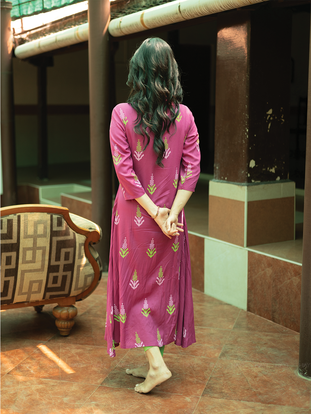 Heritage Glow Violet Viscose A-line Dress with Chinese Collar neck & 3/4th Sleeves