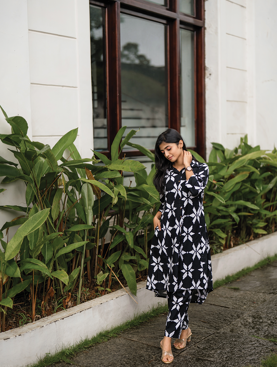 Charcoal Charm Black Cotton Flex Co-ord with Shirt Collar & Elbow sleeves