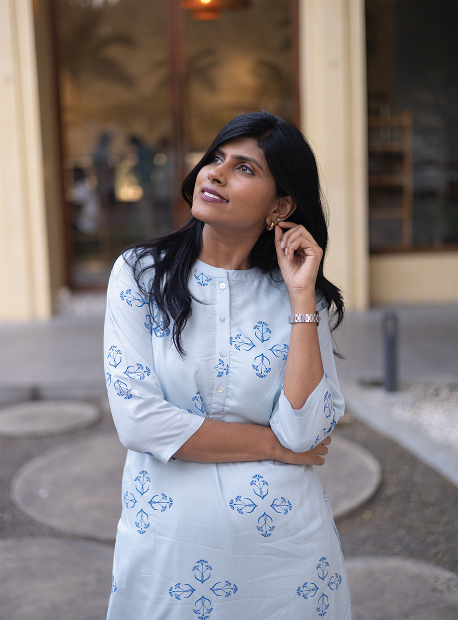 Willow Mist Blue Viscose Co-ord with Chinese Collar & 3/4th sleeves