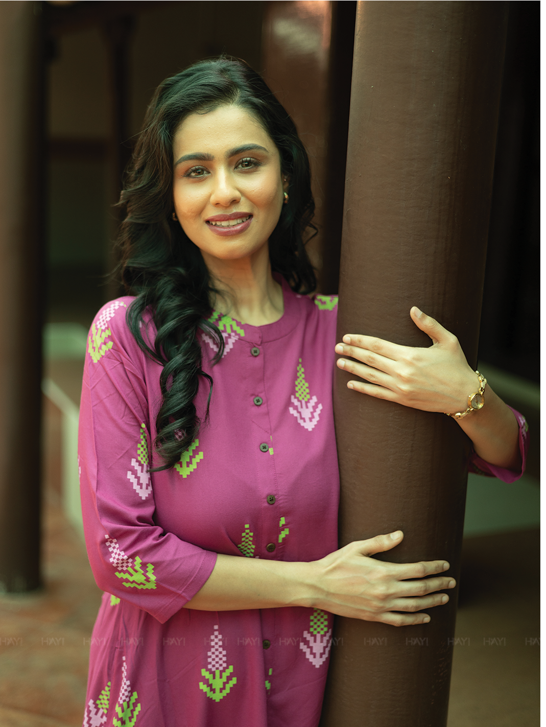 Heritage Glow Violet Viscose A-line Dress with Chinese Collar neck & 3/4th Sleeves