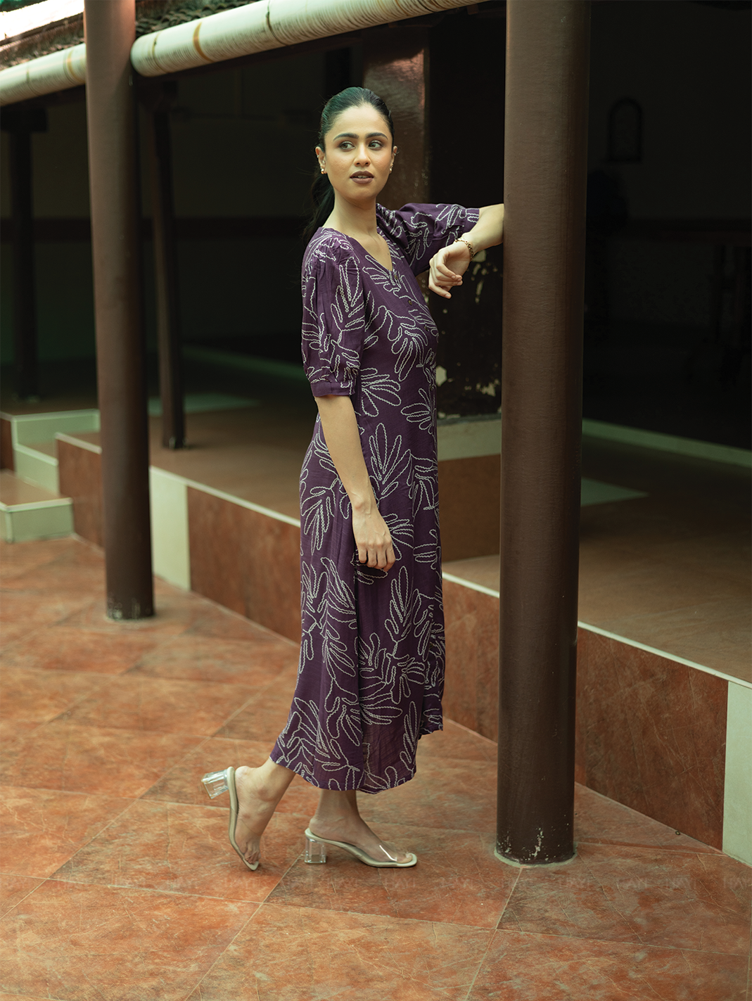 Vionora Violet Viscose Dress with Rounded Square neck & Puff Sleeves