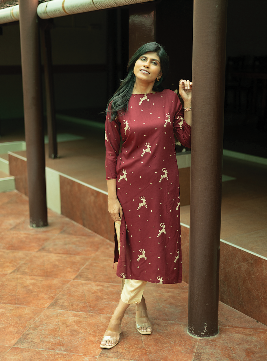 Tulip Cascade Wine Viscose Kurti with Boat Neck & 3/th Sleeves