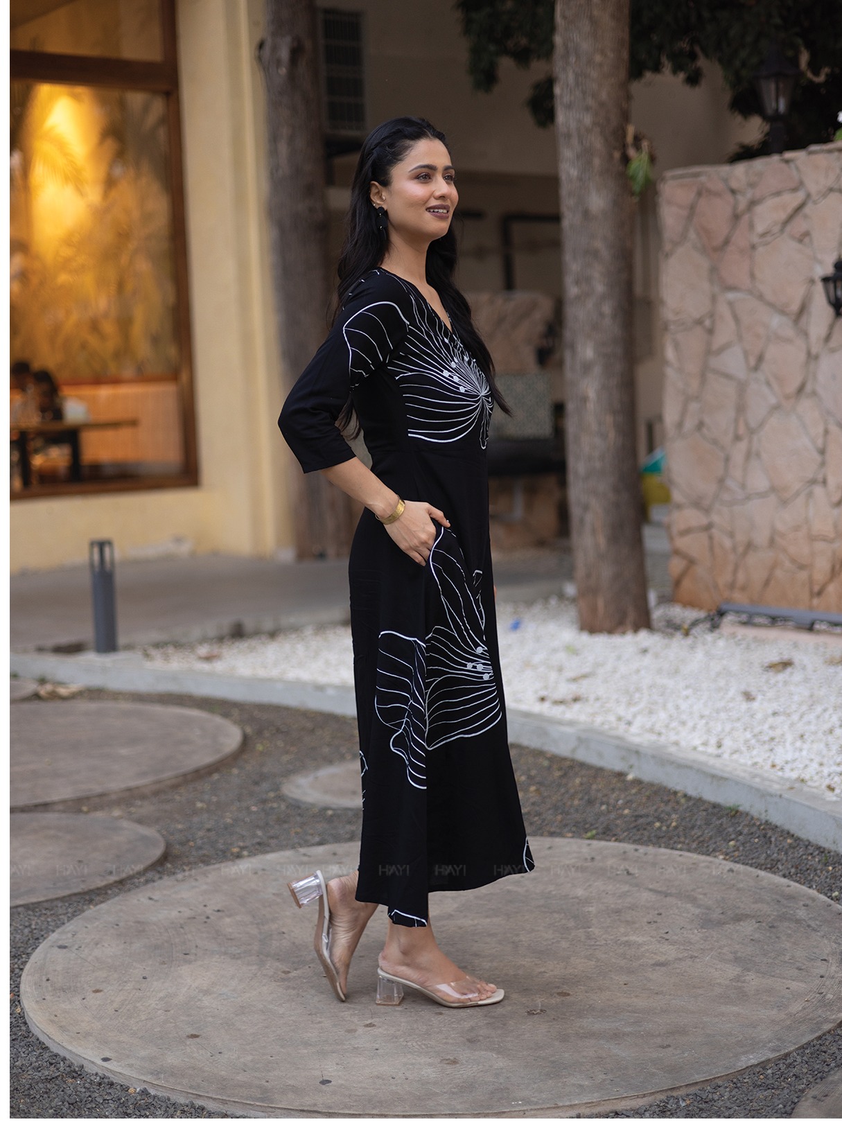 Ebony Blossom Black Viscose Dress with V-neck & 3/4th Sleeves