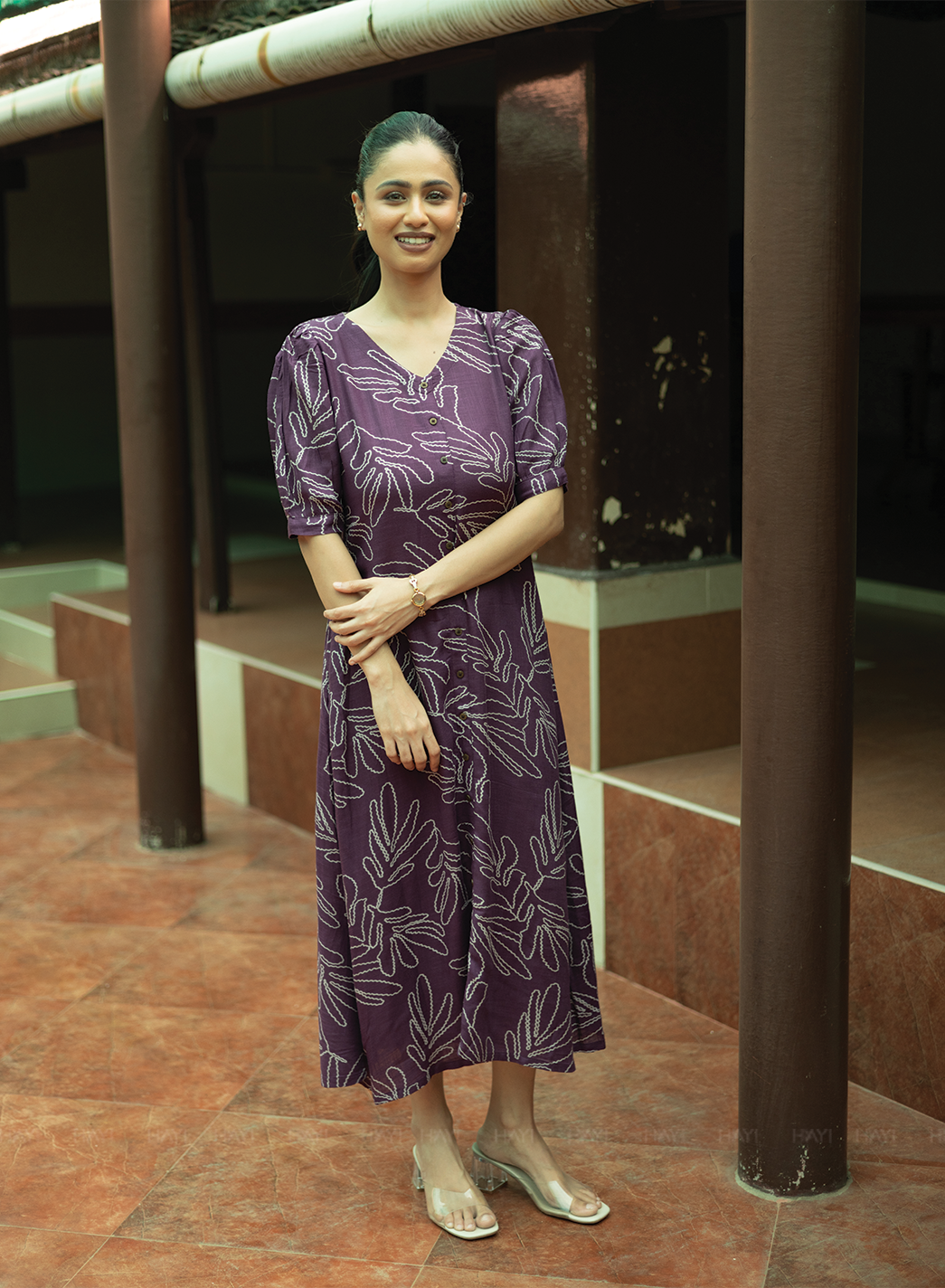 Vionora Violet Viscose Dress with Rounded Square neck & Puff Sleeves