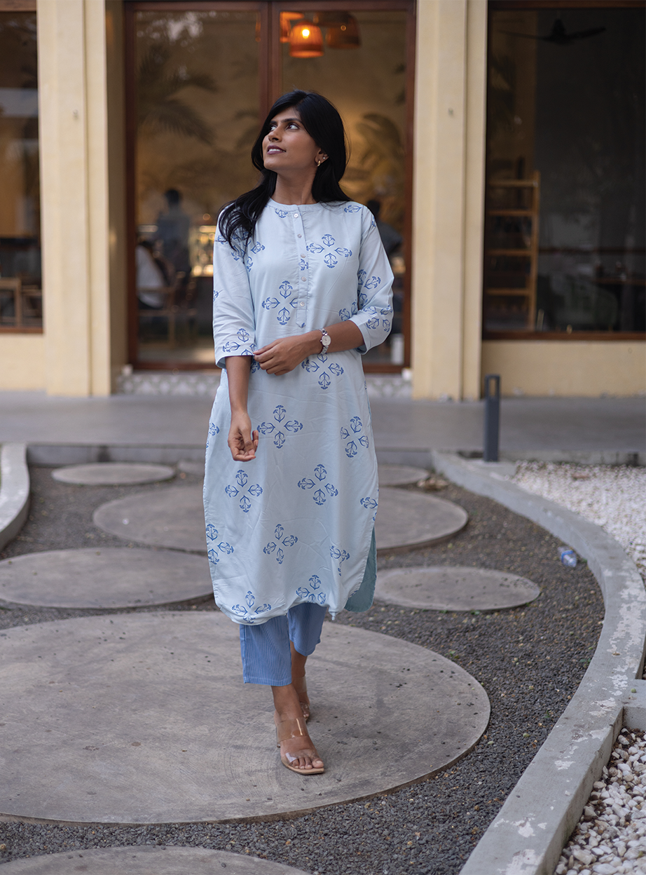 Willow Mist Blue Viscose Co-ord with Chinese Collar & 3/4th sleeves