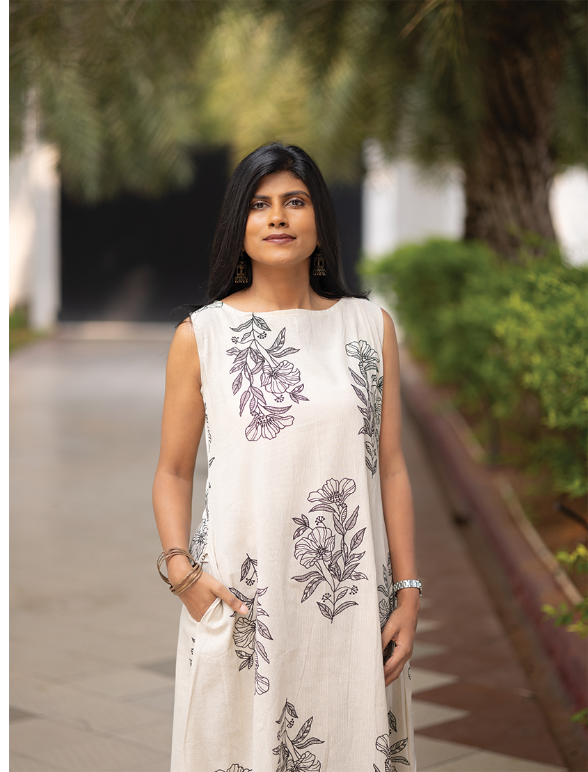 Floralink Beige Cotton Co-ord with Close neck & Attached 3/4th sleeves