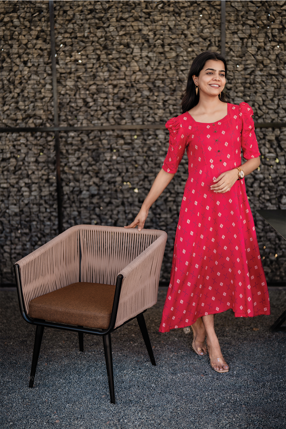 Redloom Cotton Dress with Sweetheart neck & Leg-O-Mutton Sleeves