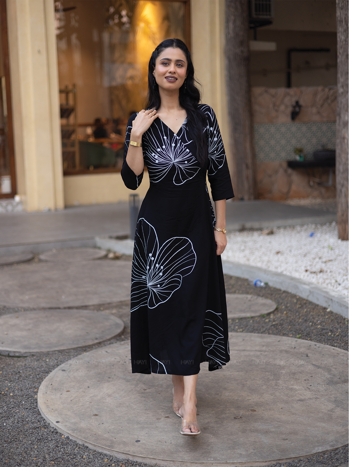 Ebony Blossom Black Viscose Dress with V-neck & 3/4th Sleeves