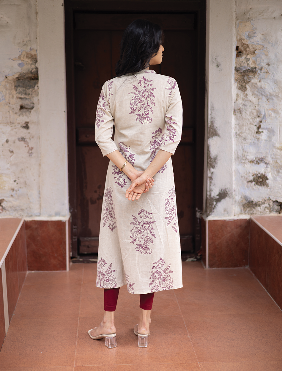 Lineleaf Tales White Cotton Flex A-line Dress with Chinese Collar & 3/4th Sleeves