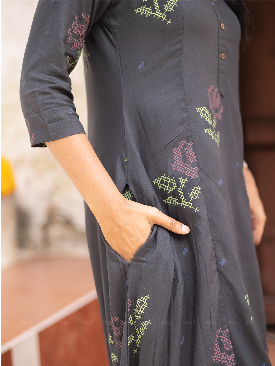 Elarose Dark Gray A-line Viscose Dress with Chinese Collar neck & 3/4th Sleeves