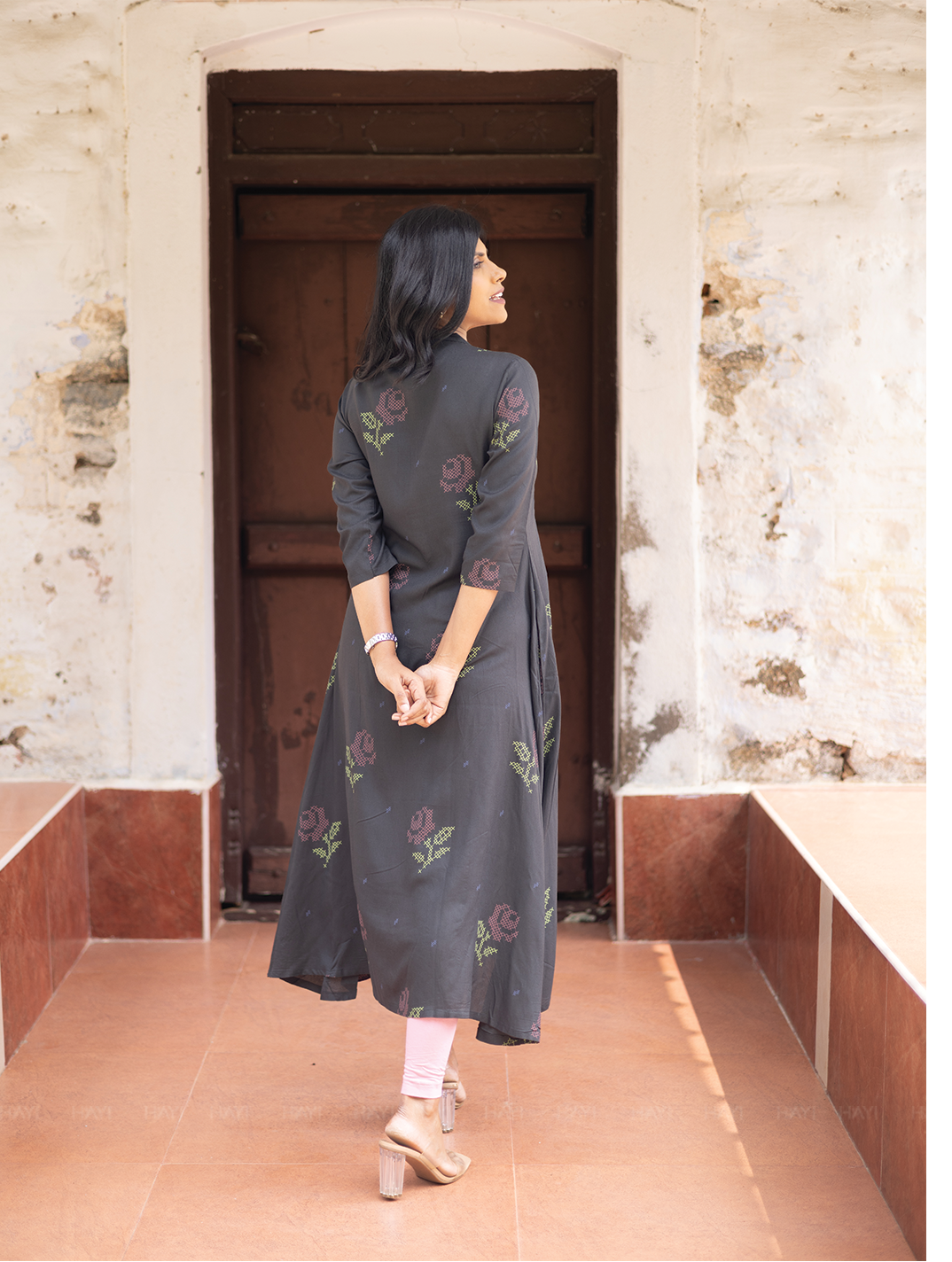 Elarose Dark Gray A-line Viscose Dress with Chinese Collar neck & 3/4th Sleeves