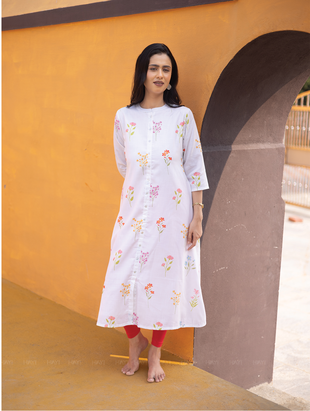 Petal Dreams Off White Linen Blend A-line Dress with Chinese Collar and 3/4th Sleeves