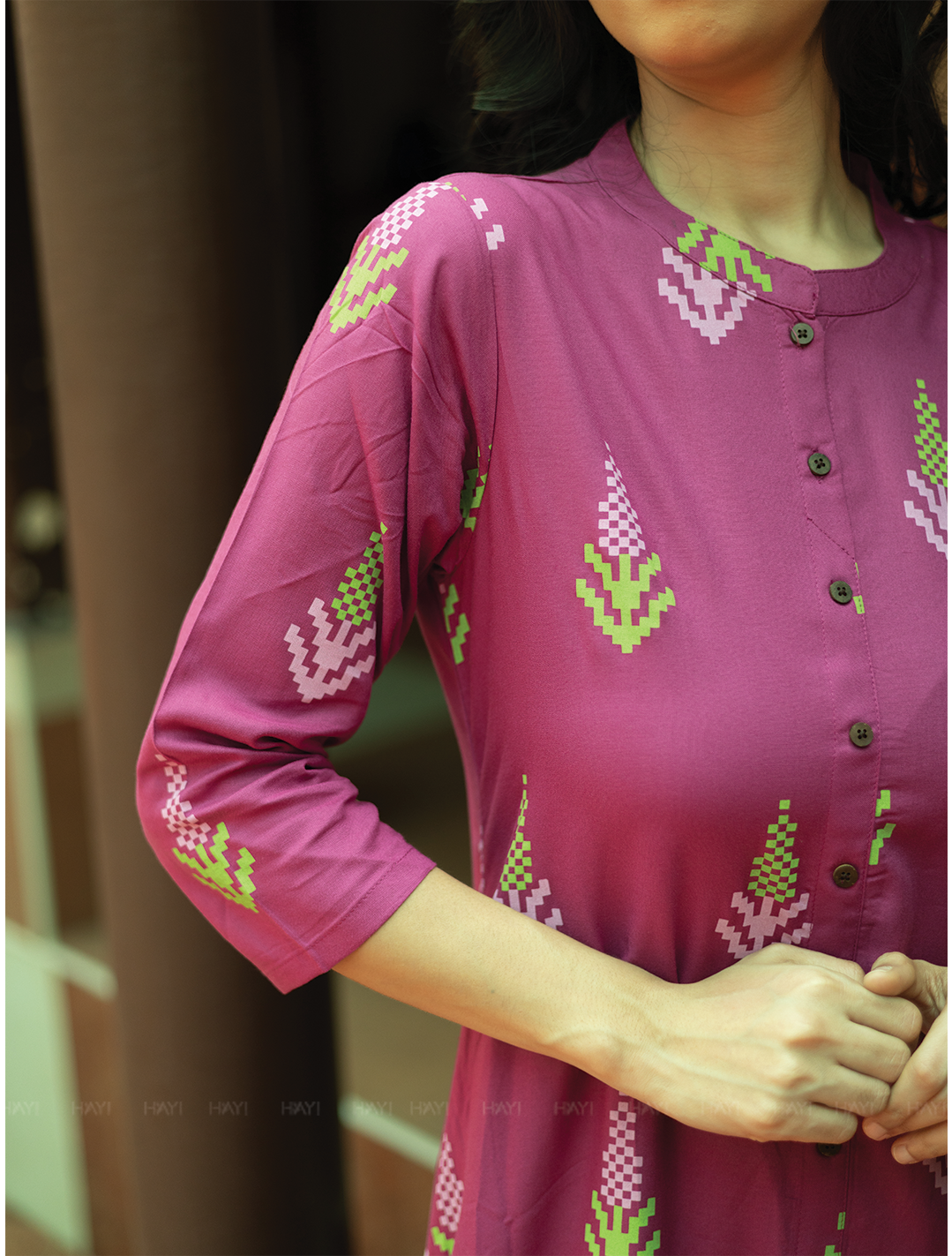 Heritage Glow Violet Viscose A-line Dress with Chinese Collar neck & 3/4th Sleeves