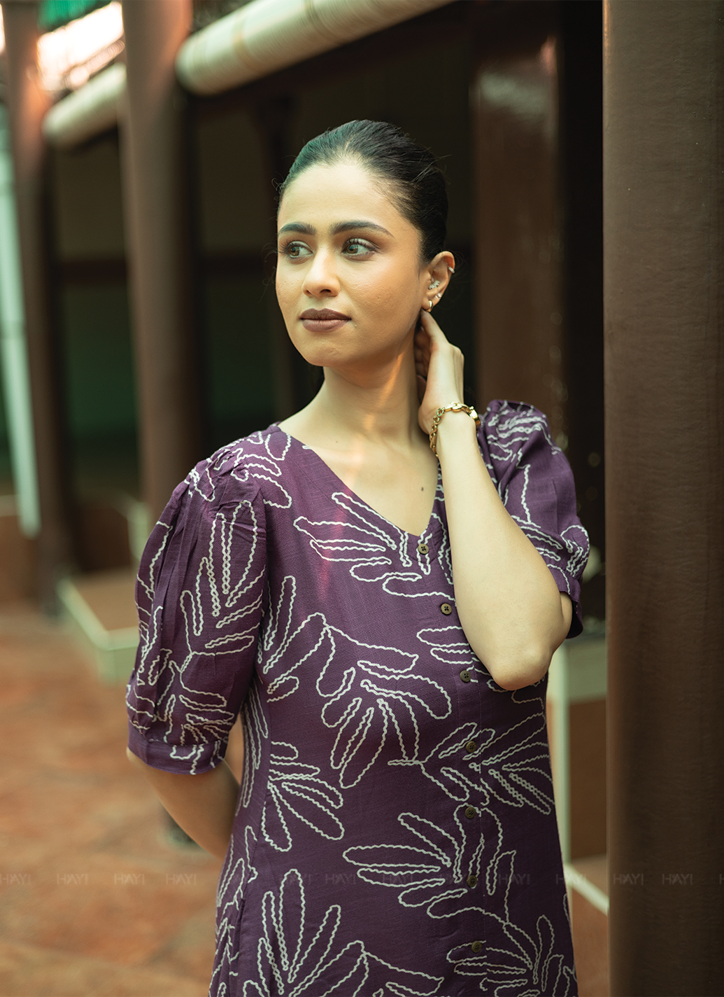 Vionora Violet Viscose Dress with Rounded Square neck & Puff Sleeves