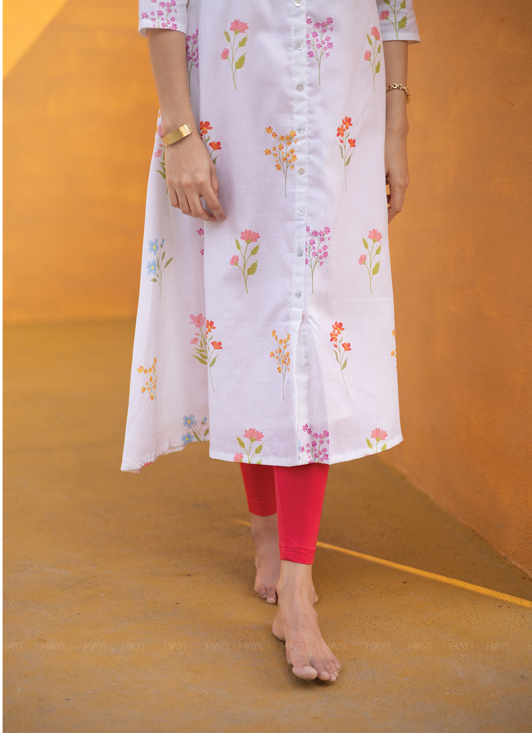 Petal Dreams Off White Linen Blend A-line Dress with Chinese Collar and 3/4th Sleeves