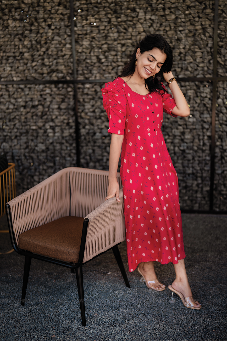 Redloom Cotton Dress with Sweetheart neck & Leg-O-Mutton Sleeves