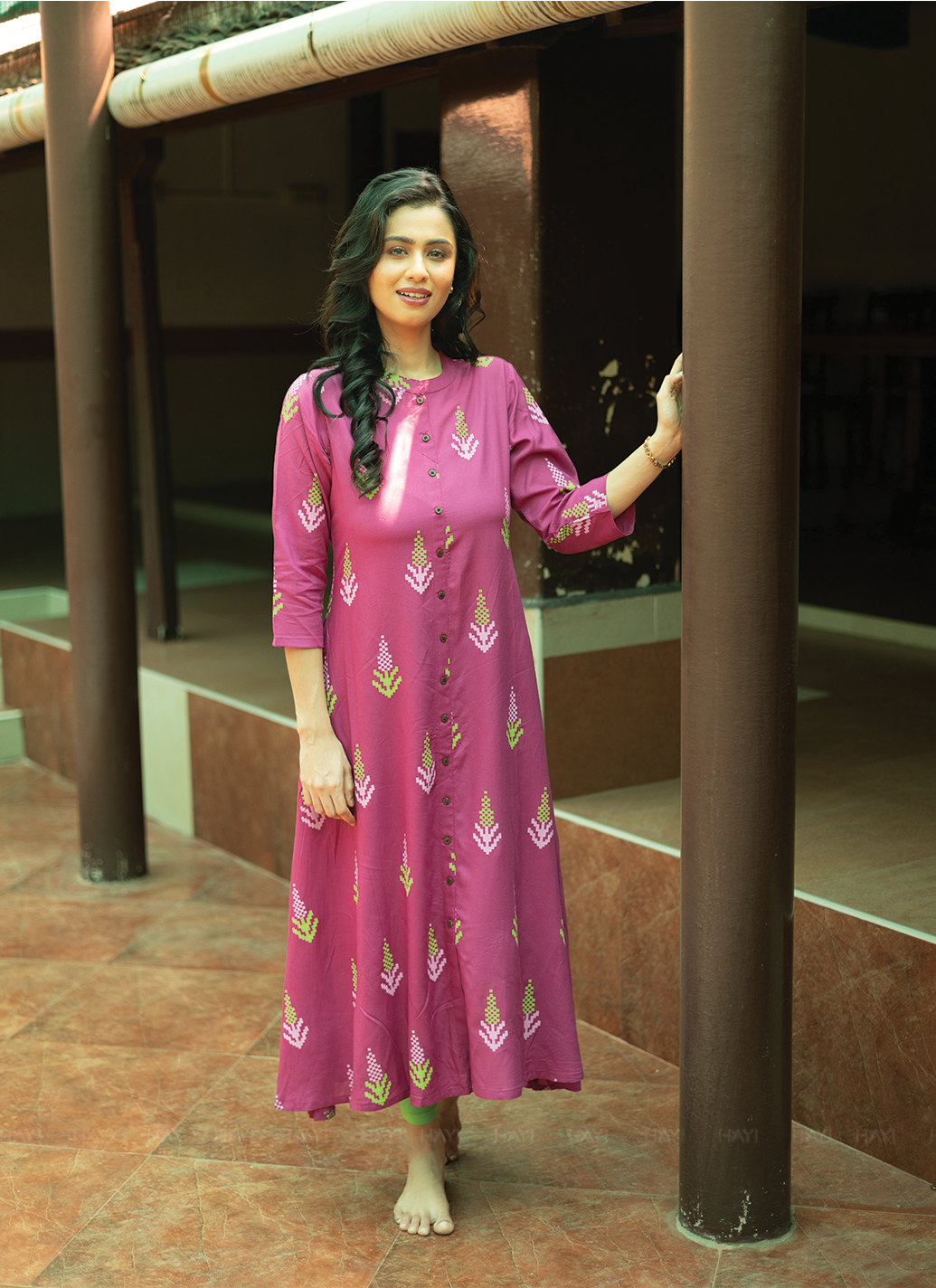 Heritage Glow Violet Viscose A-line Dress with Chinese Collar neck & 3/4th Sleeves