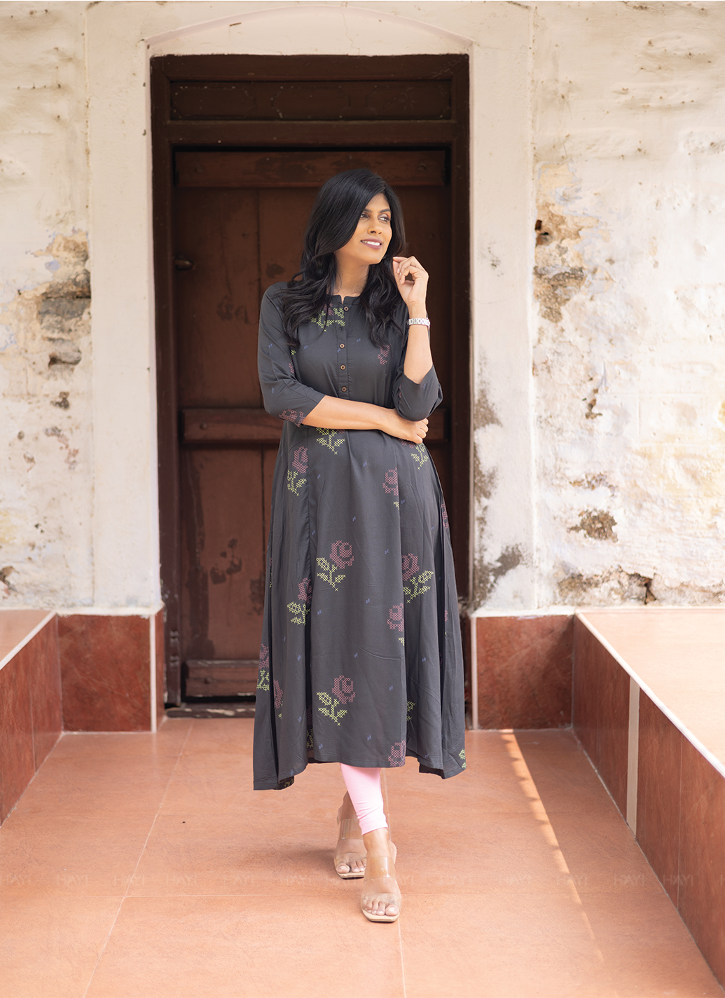 Elarose Dark Gray A-line Viscose Dress with Chinese Collar neck & 3/4th Sleeves