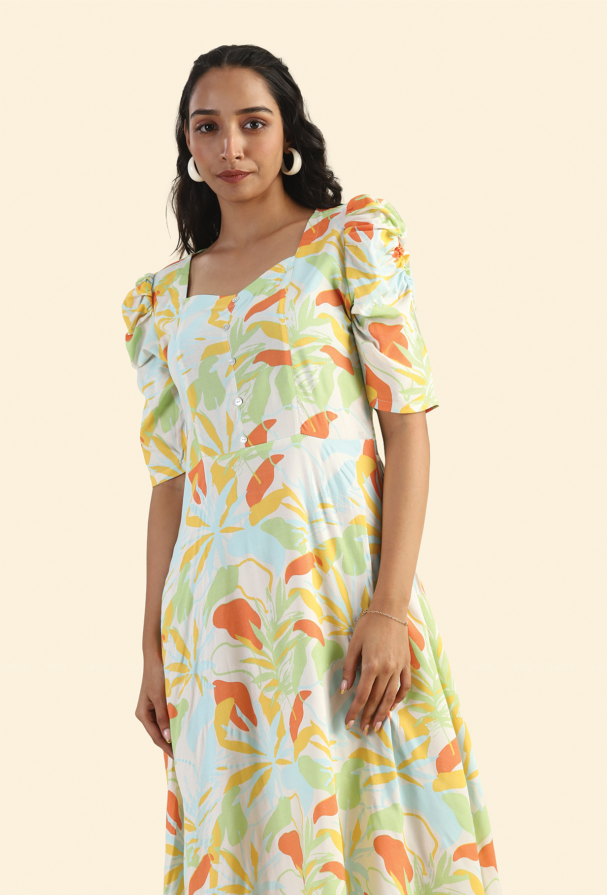 Pine Beige Evergreen elegance Printed Viscose Dress