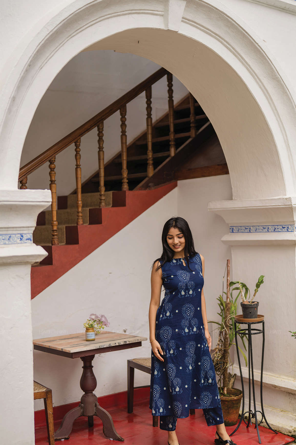 Indie Rune Blue Cotton Co-ord with Boat Neck with Keyhole