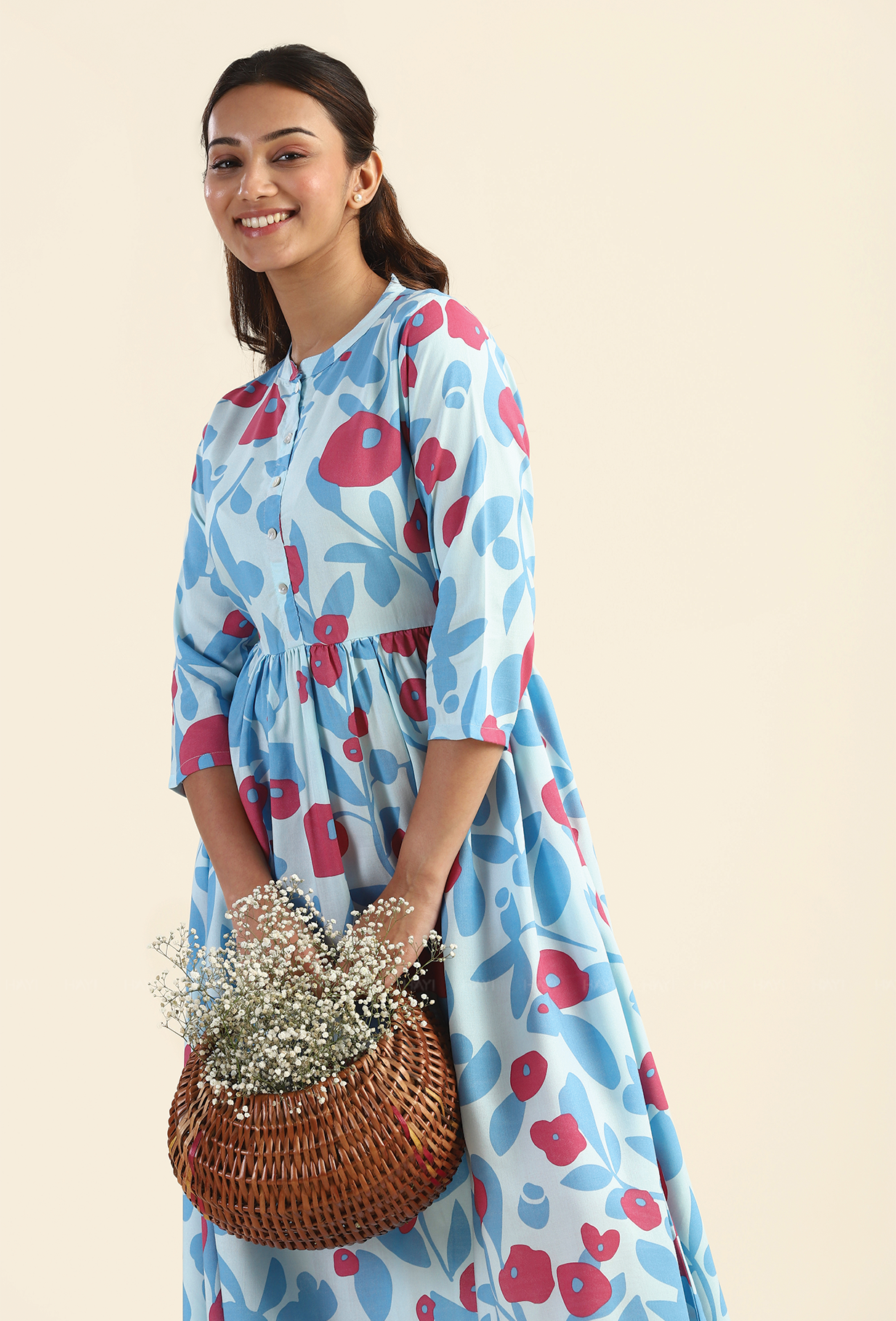 Shuttered Blue Fragmented Flowers Printed Viscose Dress