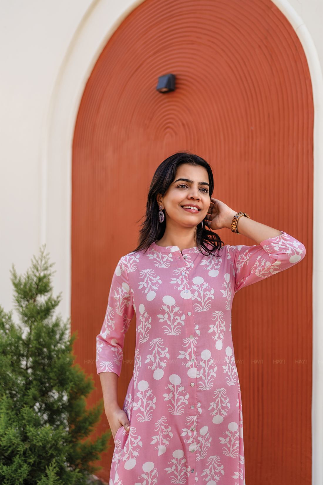 Blush Tale Pink A-line Dress with Chinese Collar & 3/4th Sleeves