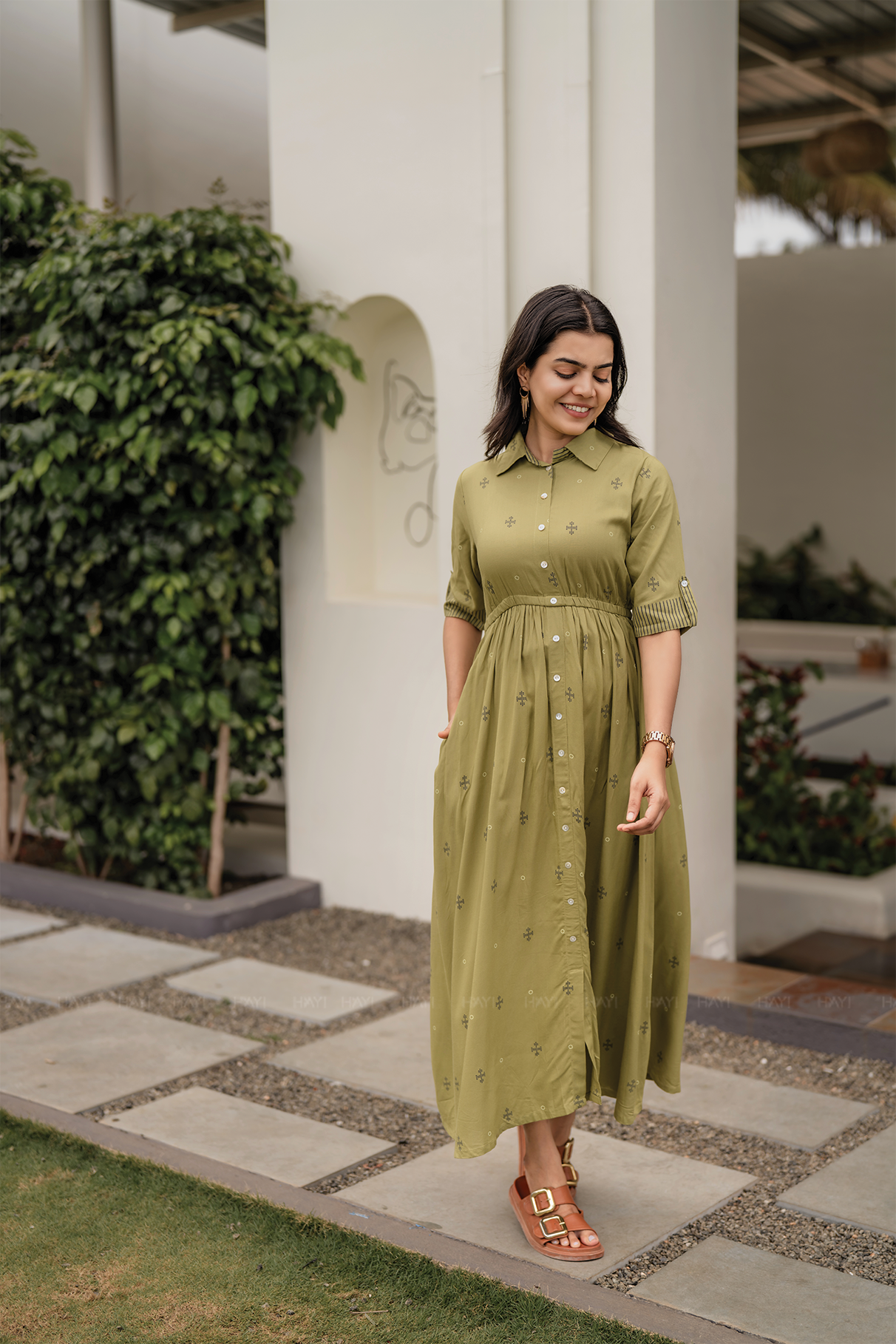 Goldenrod Yellow Viscose Blend Dress with Shirt Collar & Elbow Sleeves