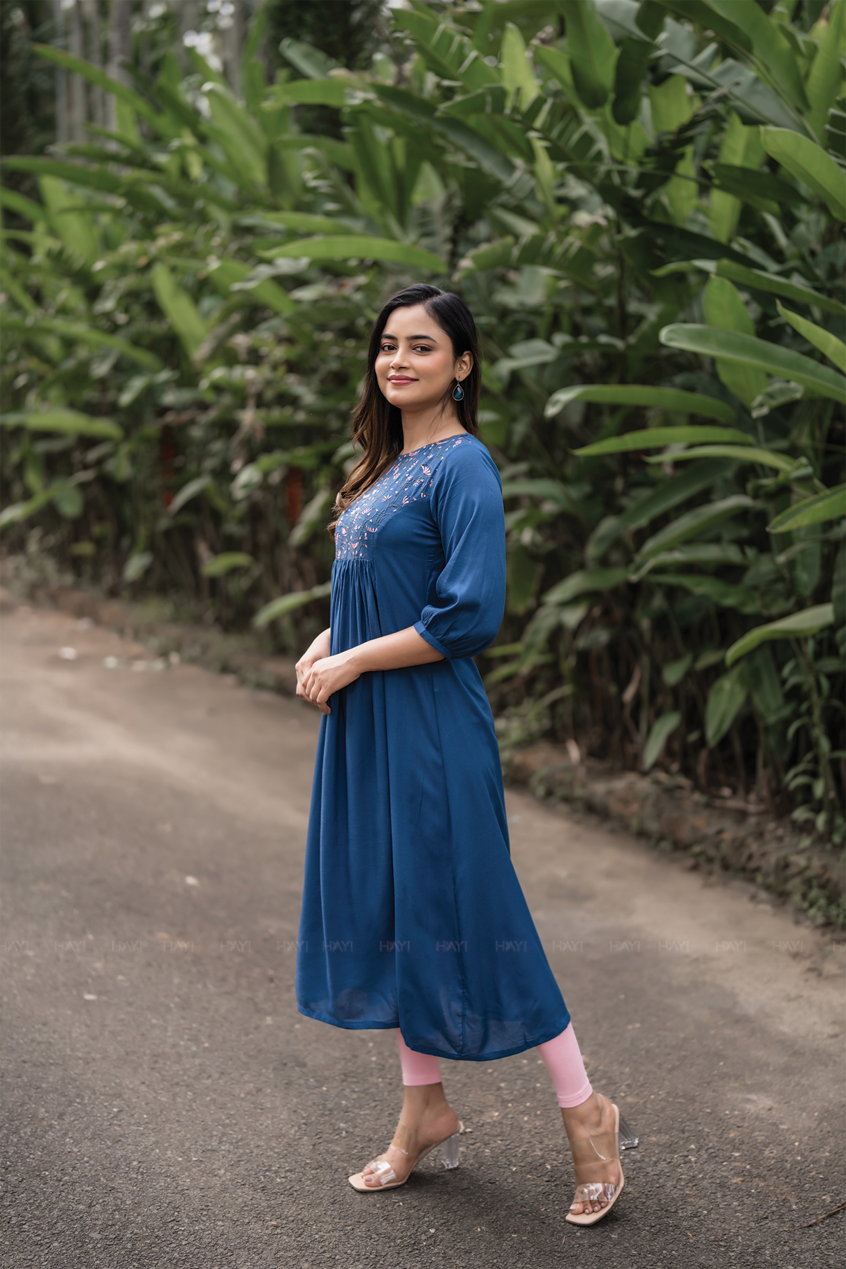 Midtown Minimal Blue Viscose Dress with Close Neck and Embroidery