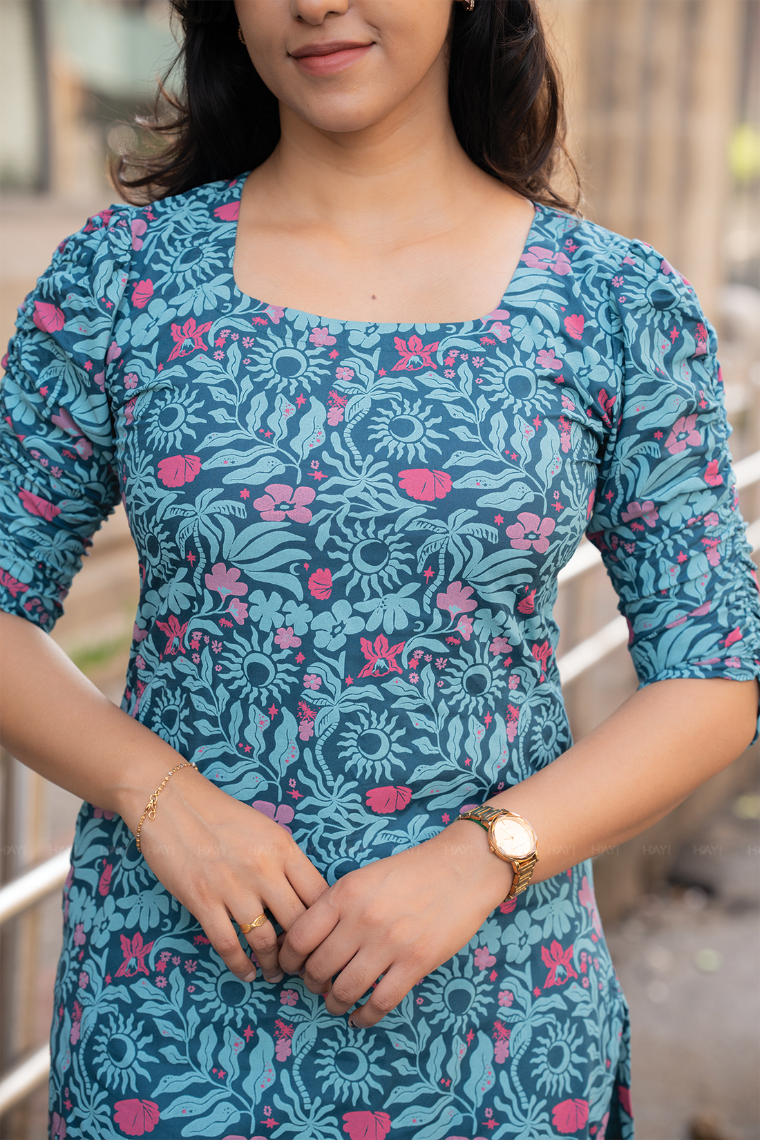 Lunar Muse Green Viscose Kurti with Curved Square Neck & Elbow Ruched Sleeves