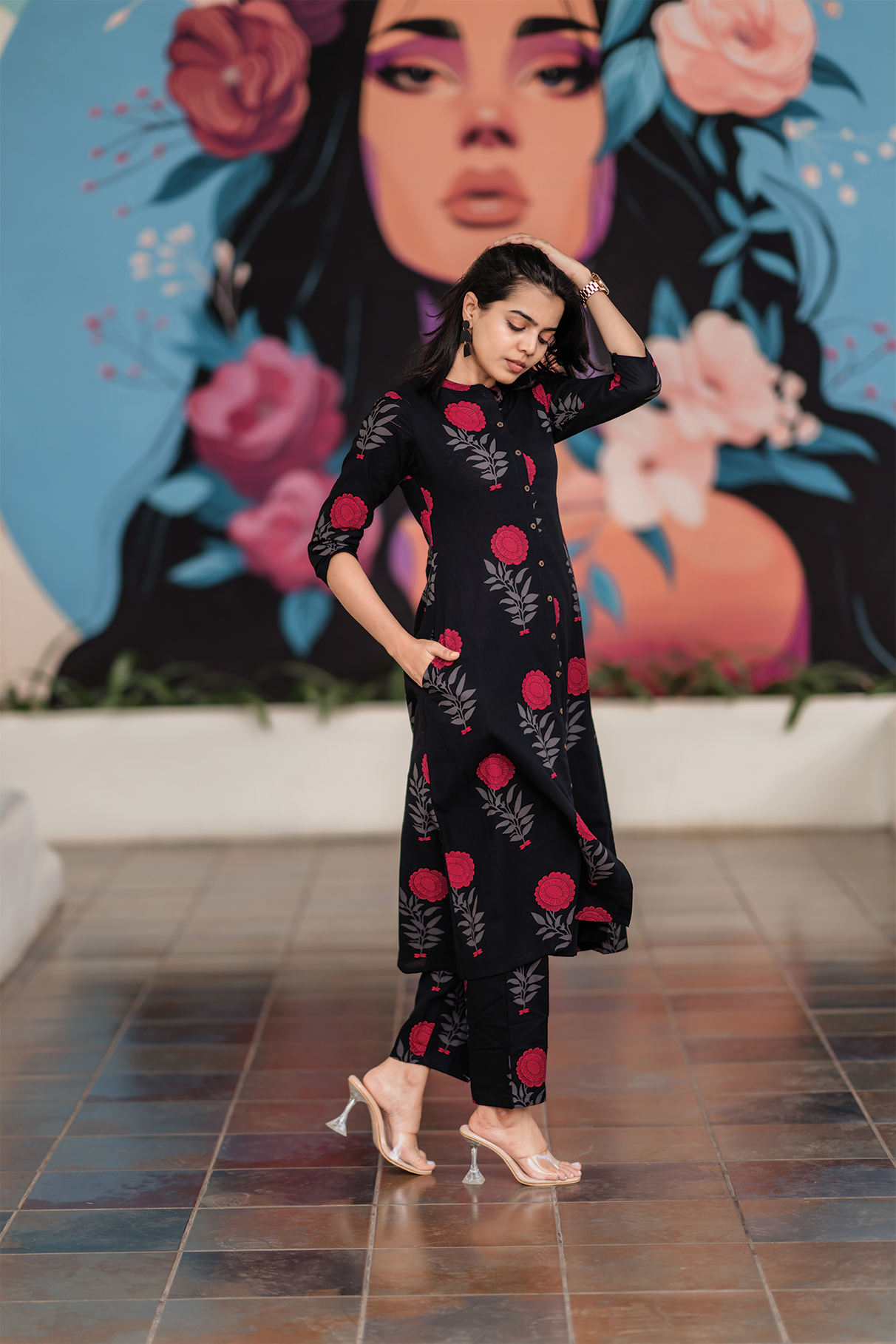 Fuchsia Mist Black Cotton Co-ord with Chinese collar & 3/4th sleeves