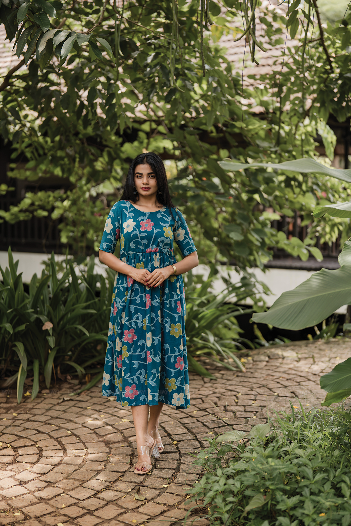 Tassel Chic Blue Cotton Dress with U-Neckline & Double Tassel Rope