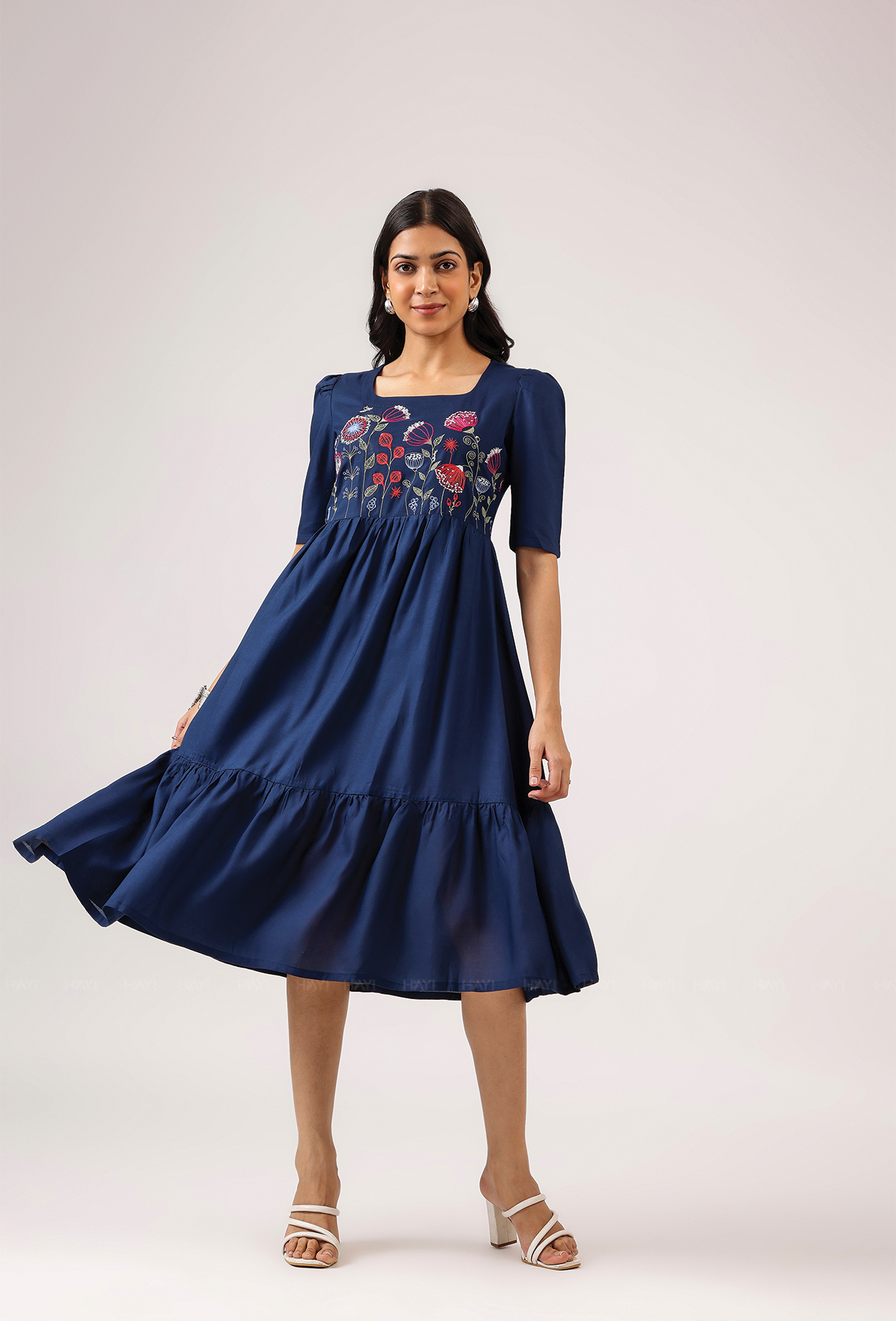 Dark Blue with Hovering Dreams floral Embroidery Viscose Dress