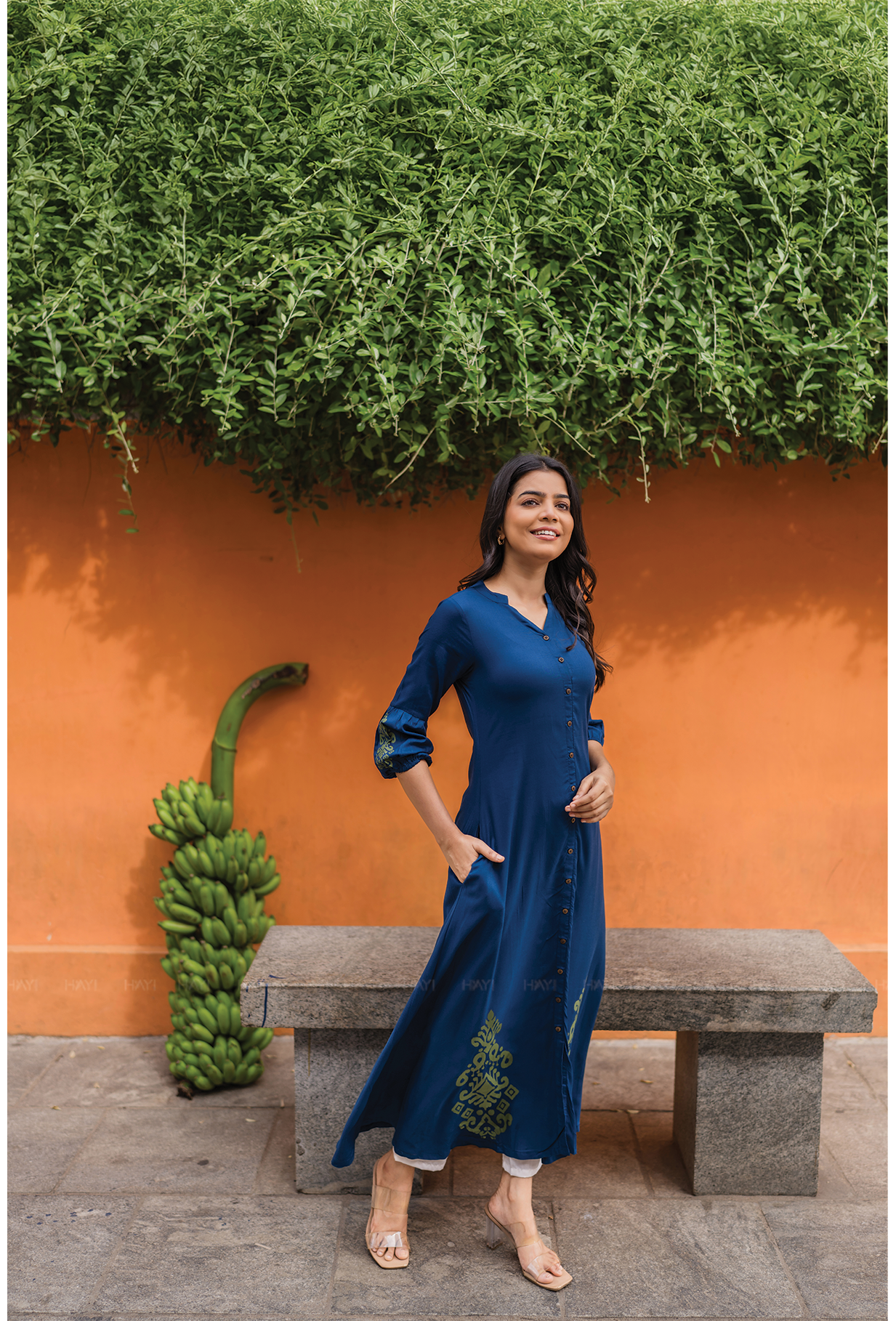 Indigo Heron with green printed Viscose Dress