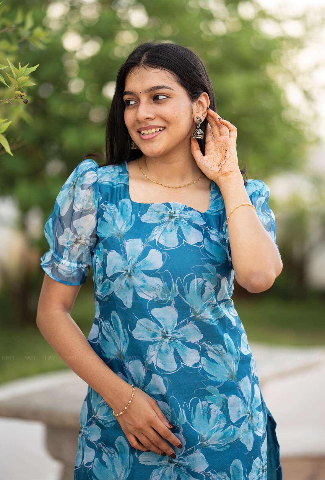 Seafoam Blue with Ocean Bloom floral Organza kurta