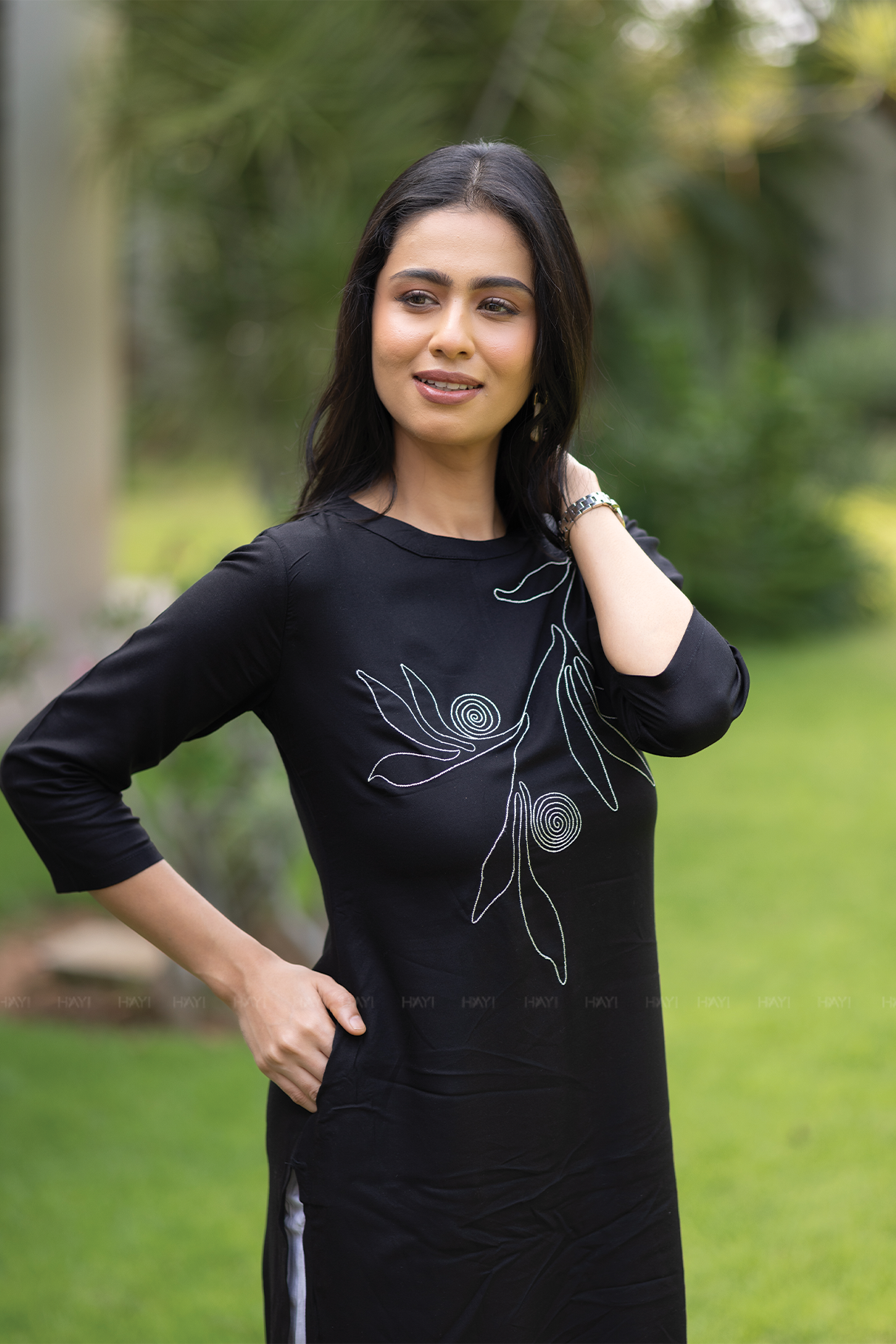 Dusk Noir Black Viscose Kurti with Closed Neck & 3/4th Sleeves