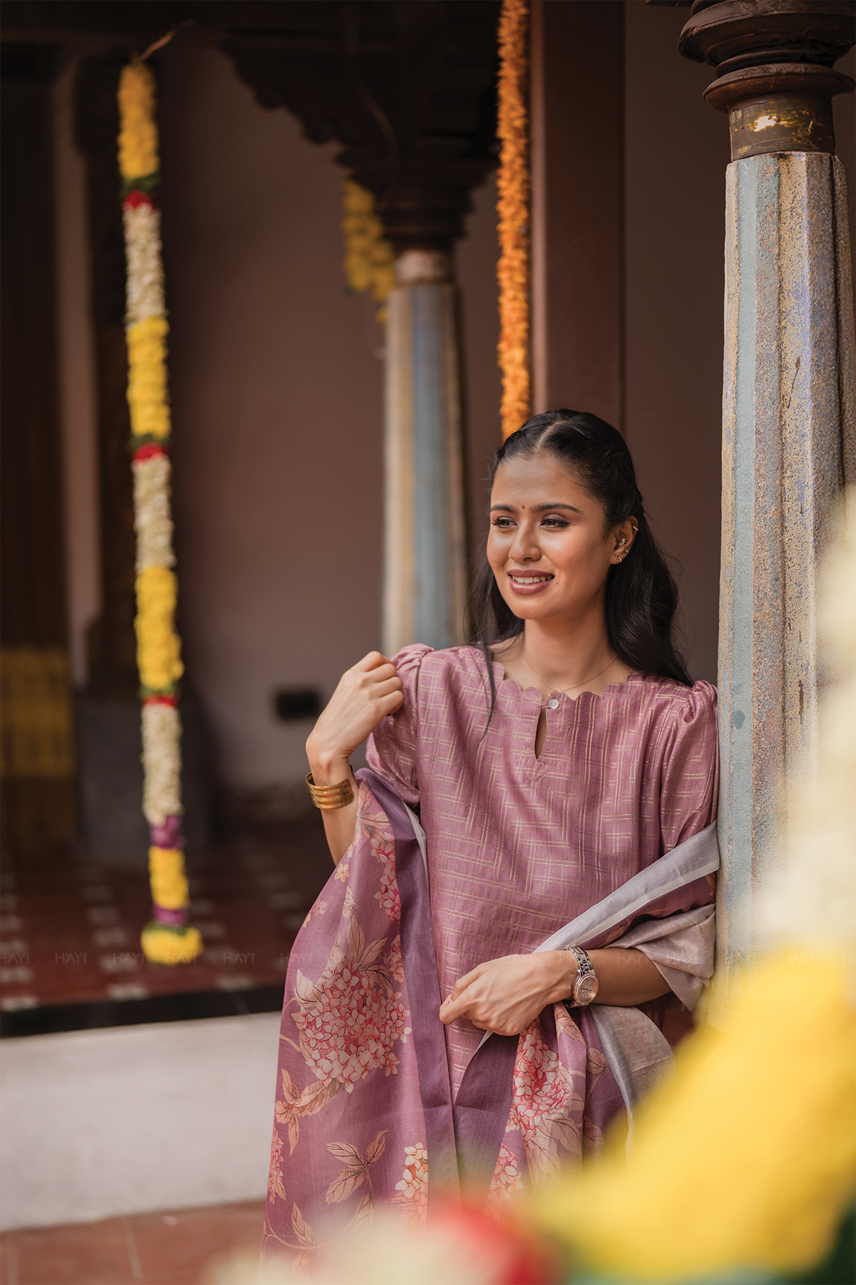 Dusky Pink Satin Daman 3 Piece Silk Check Blend Floral Printed Kurta with Pant & Dupatta