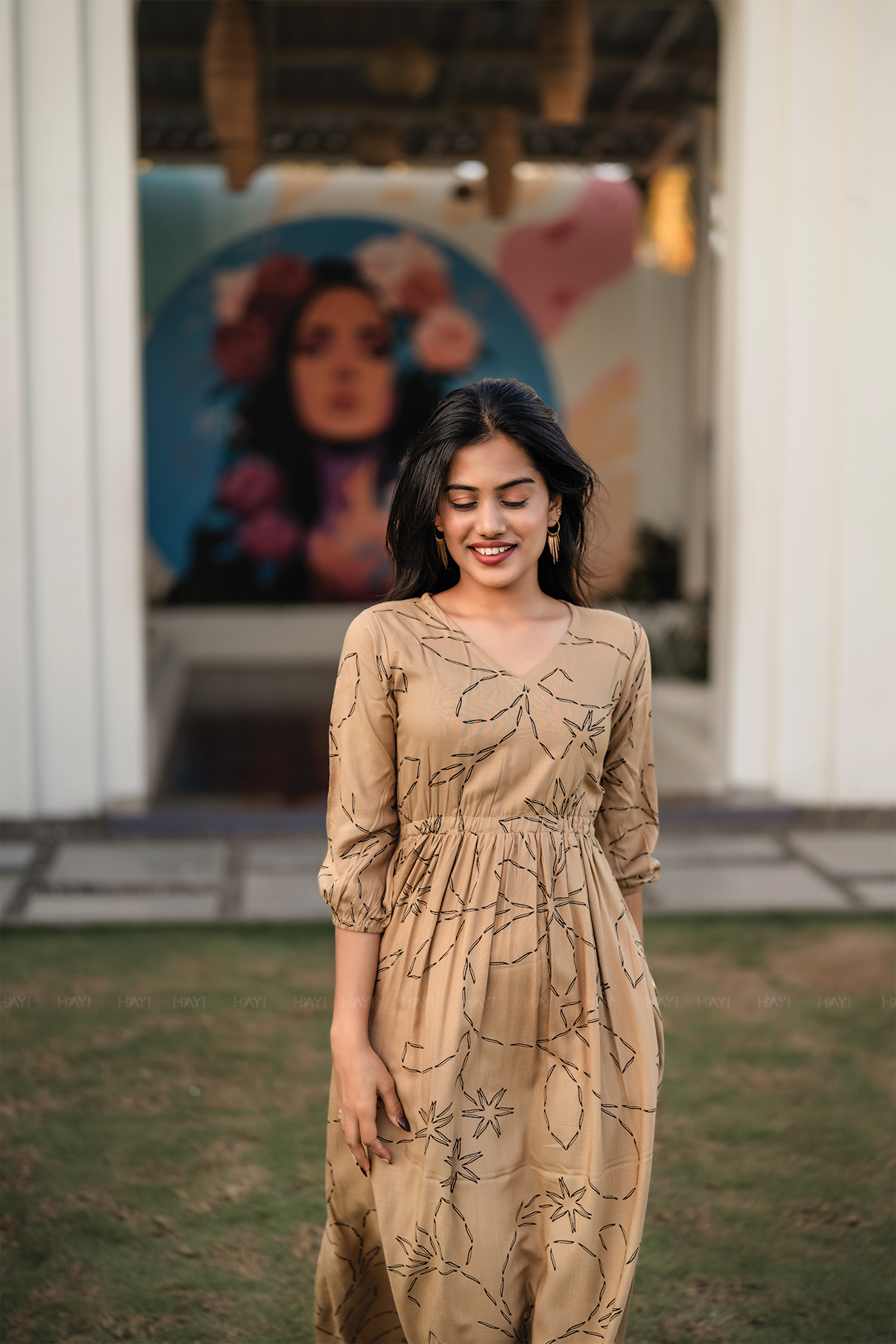 Lil Breeze Beige Viscose Dress with V-Neck & 3/4th Sleeves