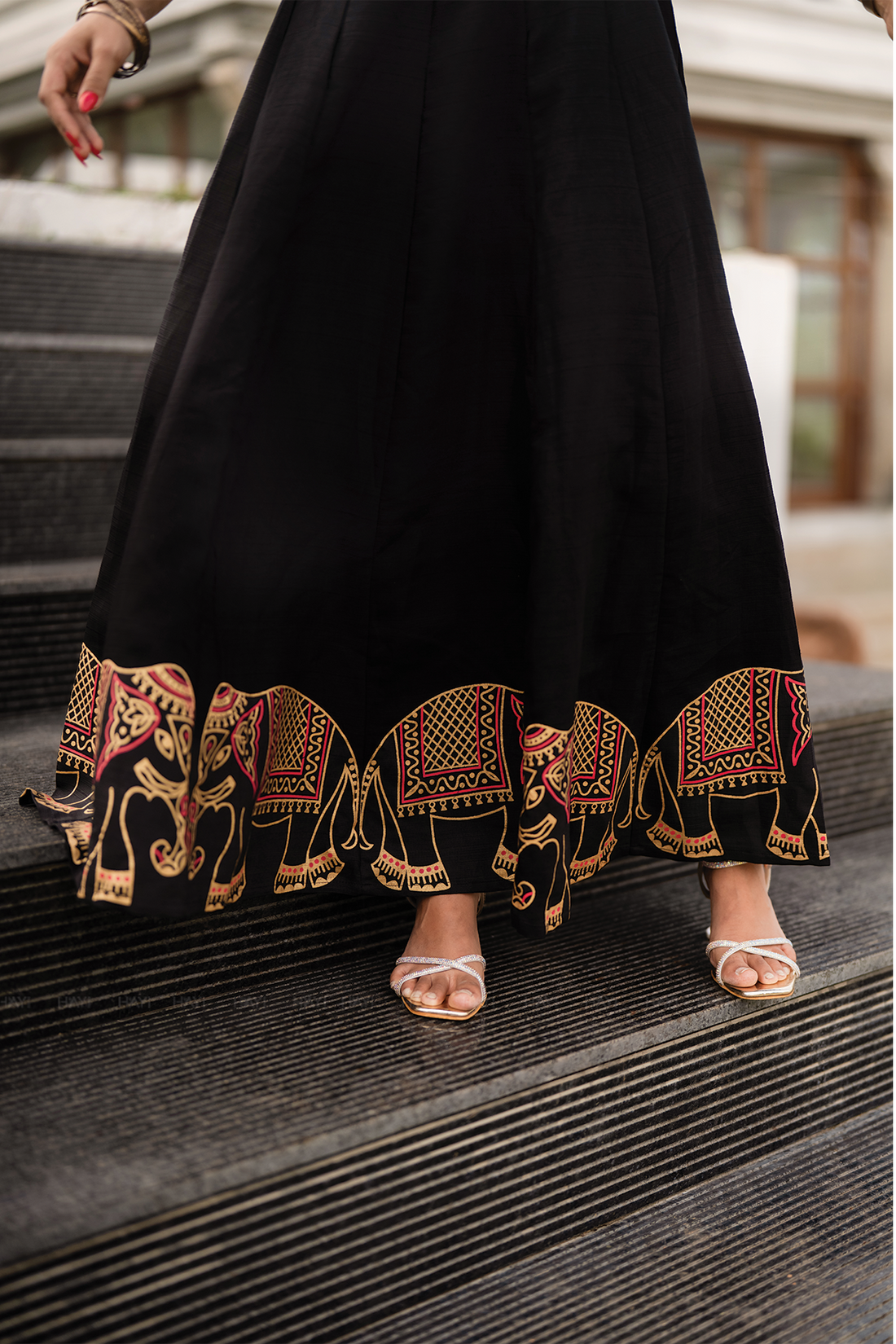 Elephora Black Viscose Foil Printed Anarkali with V-Neck & 3/4 Sleeves