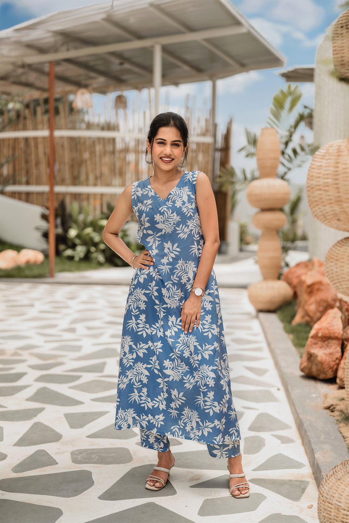 Wisp Botanica Blue cotton blend Co-ord with V-Neck and Attached 3/4th Sleeves